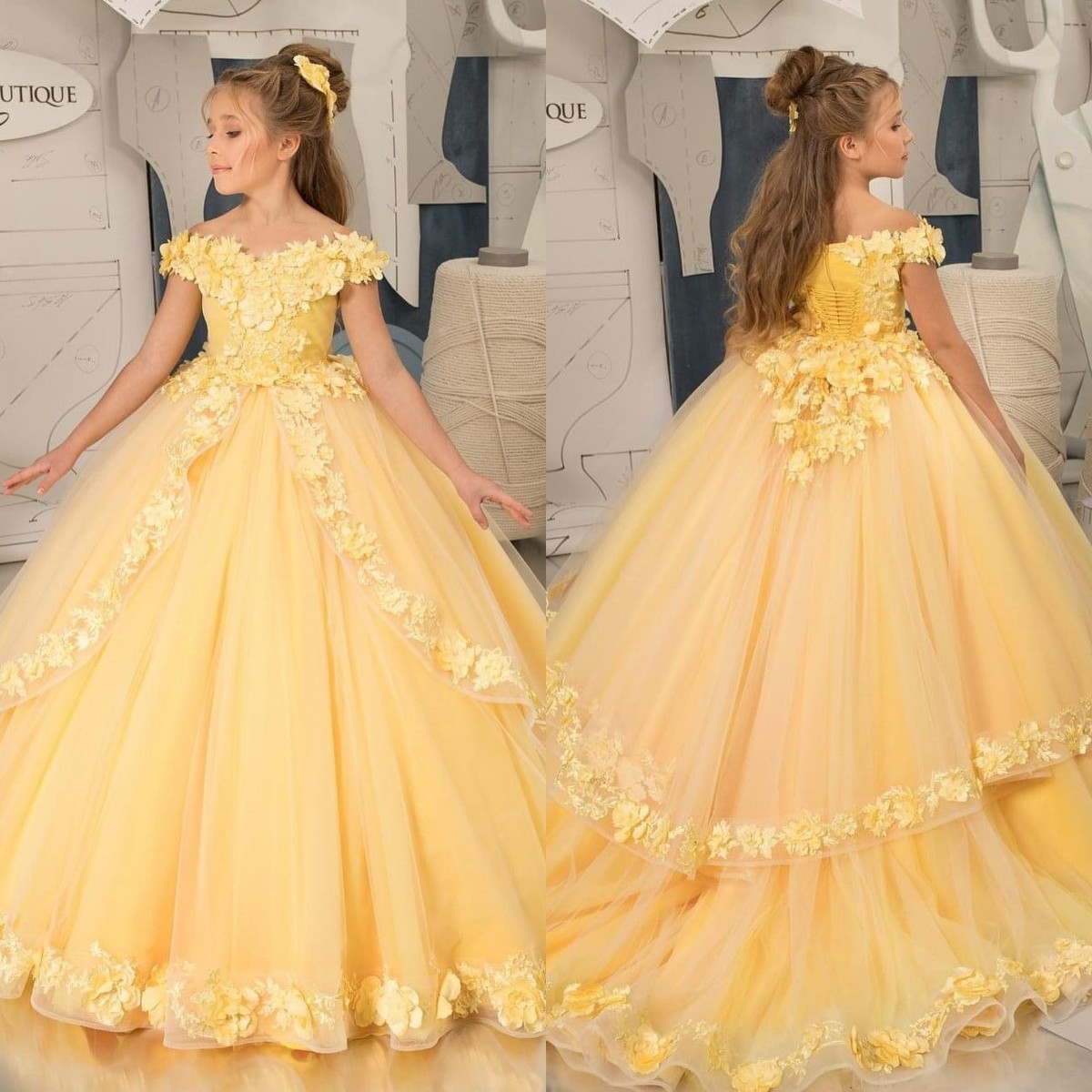 Yellow Girls Dresses Off Shoulder Sleeveless 3D Appliques Sweep Train A E Wer Girl Host Birthday Dress Lz0304