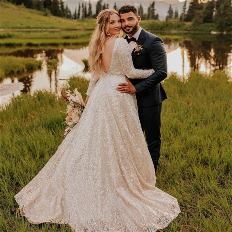 Bling Sequin Wedding Dress 2023 Sexy V Neck Country Outdoor Bridal Gowns Floor Length Long Sleeve Garden Backless Sparkle Bride Vestidos De Novia hipp