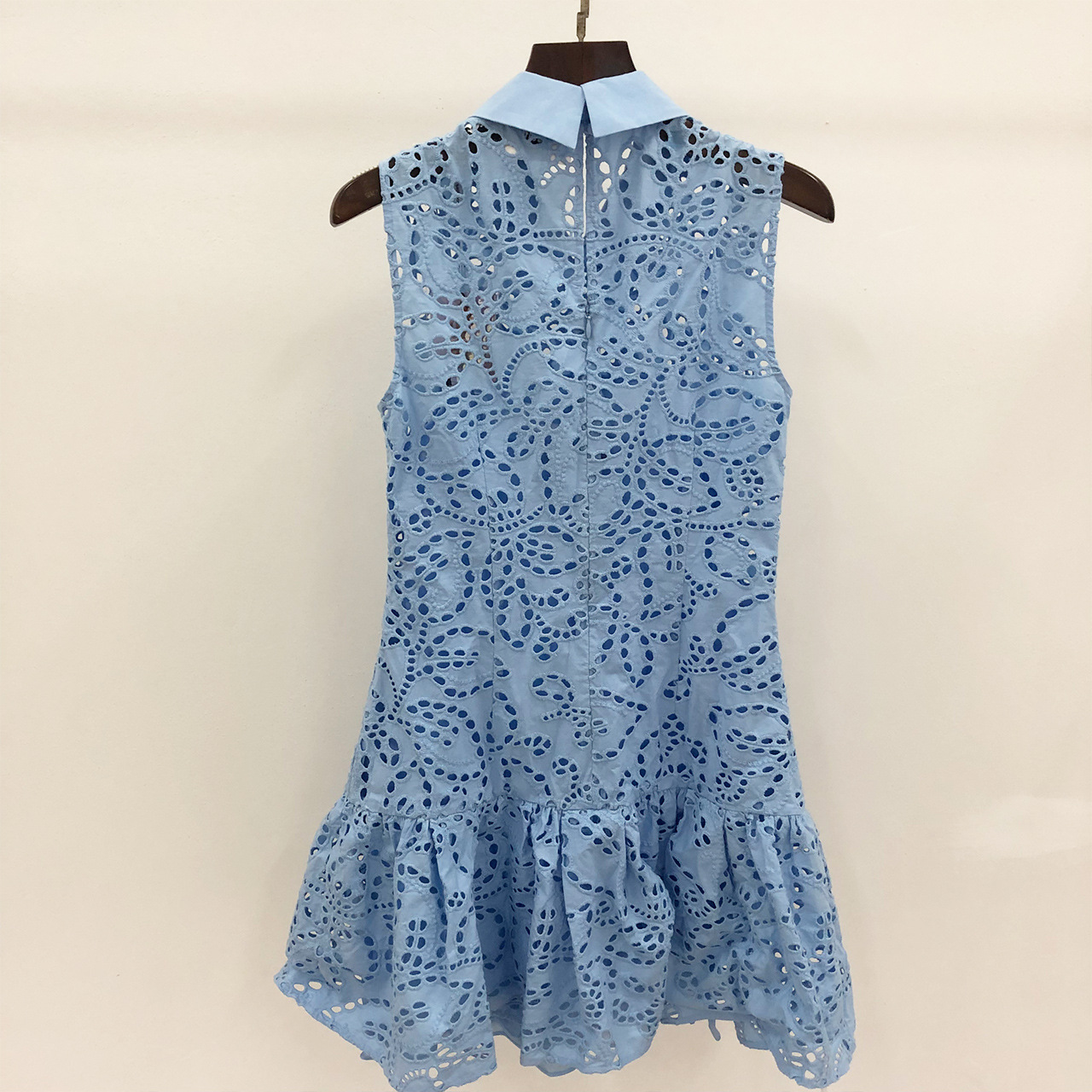 Casual Dresses S-elf Portrait Embroidered Hollow Blue Sleeveless Sweet Slim Dress