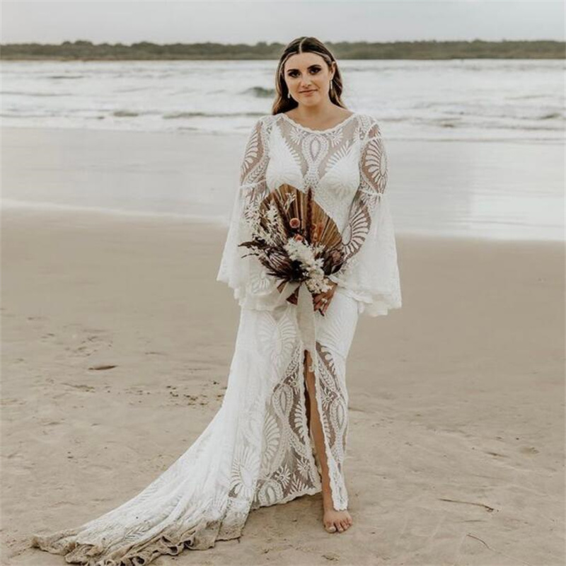 Plus Size Lace Beach Wedding Dress 2023 Elegant Long Sleeve Mermaid Boho Civil Bridal Dresses Flare Country Bohemian Backless Vestidos De Novia Boho R
