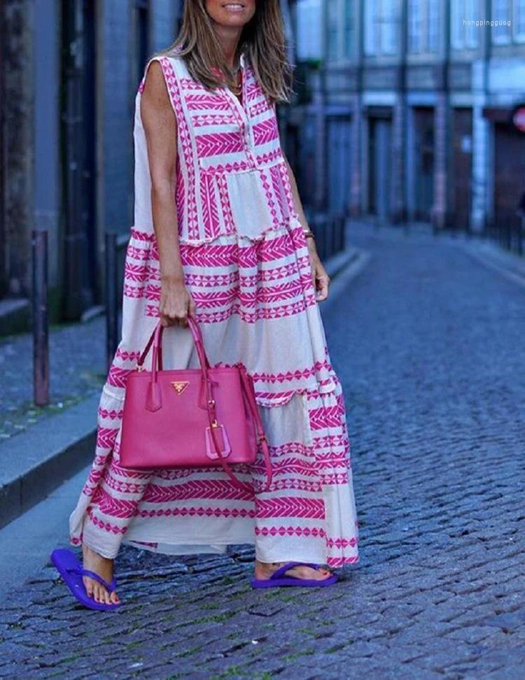 Bohemian Women's Summer Maxi Dress V-Neck Sleeveless Ankle Length Geometric Print Casual Beach Vacation Outfit Polyester Fuia