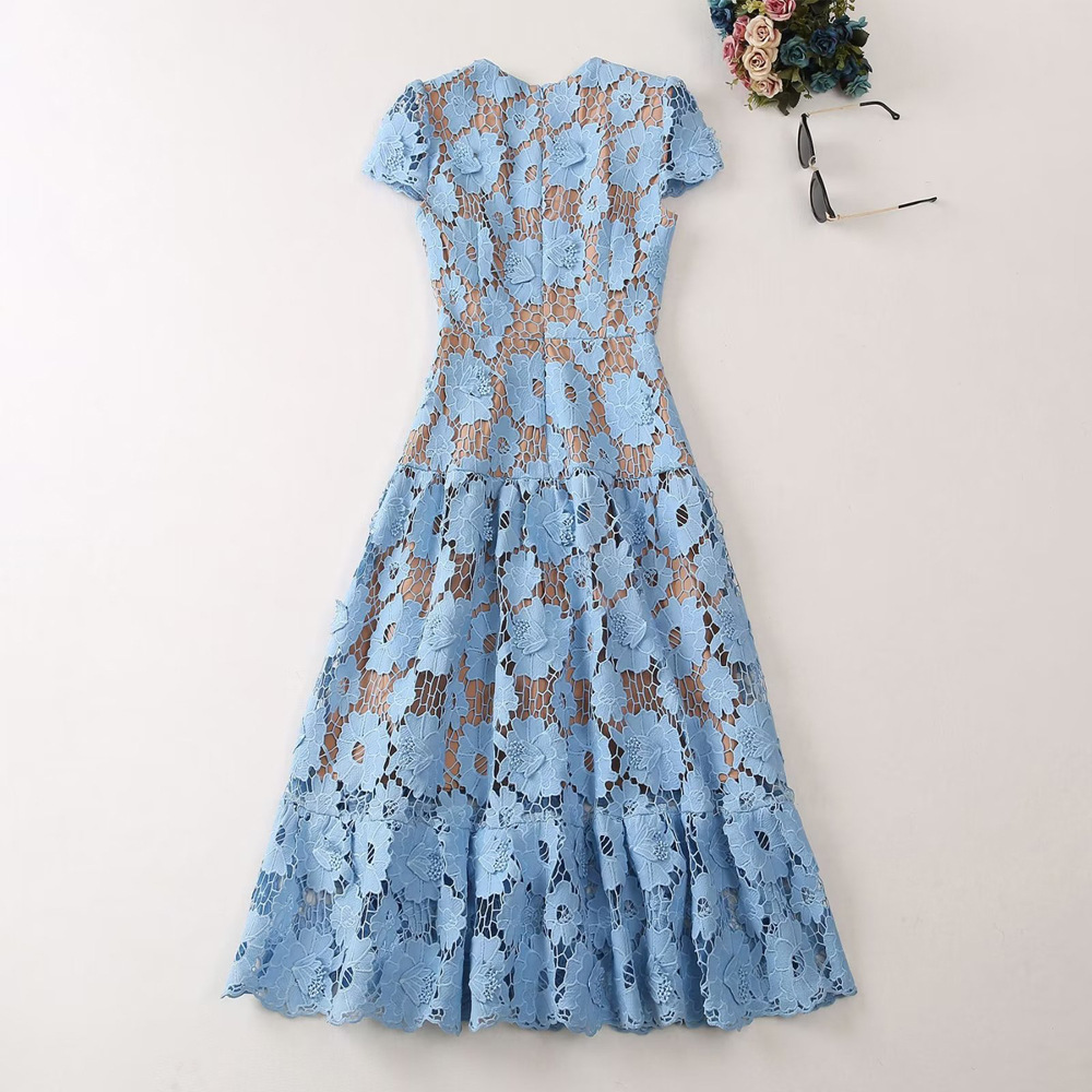 Casual Dresses S-elf-Portrait Lace Midi Dress Round Neck Short Sleeve A-line Dress for Women