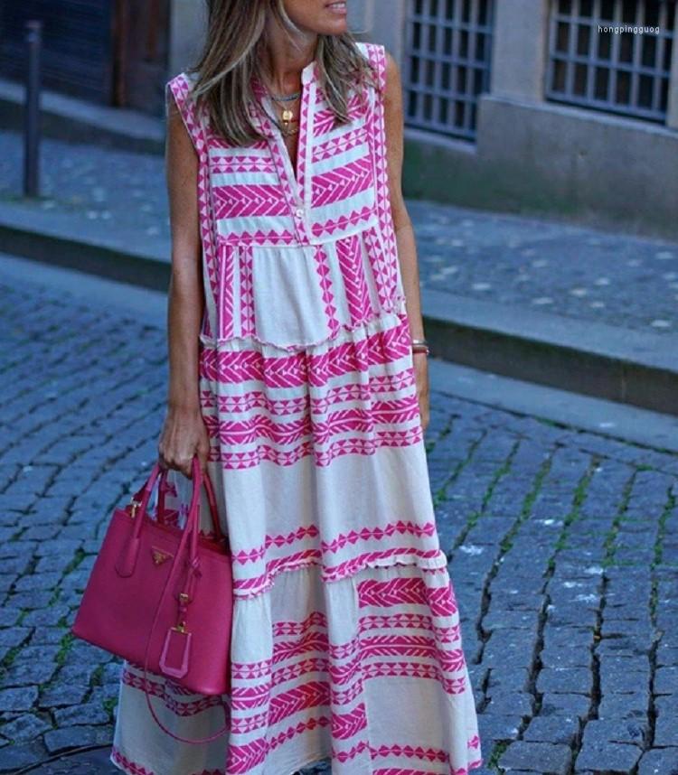 Bohemian Women's Summer Maxi Dress V-Neck Sleeveless Ankle Length Geometric Print Casual Beach Vacation Outfit Polyester Fuia