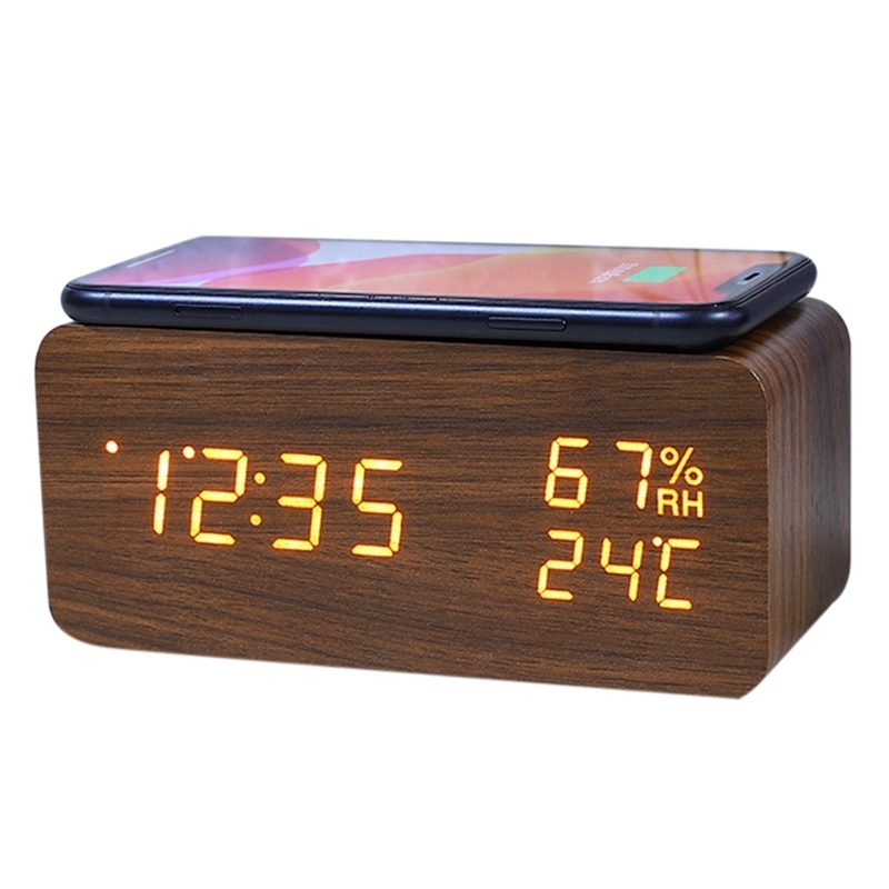 Floor Clocks Digital Alarm Clock Wooden Temperature And Humidity LED Electronic Smartphone Wireless Charger 230613