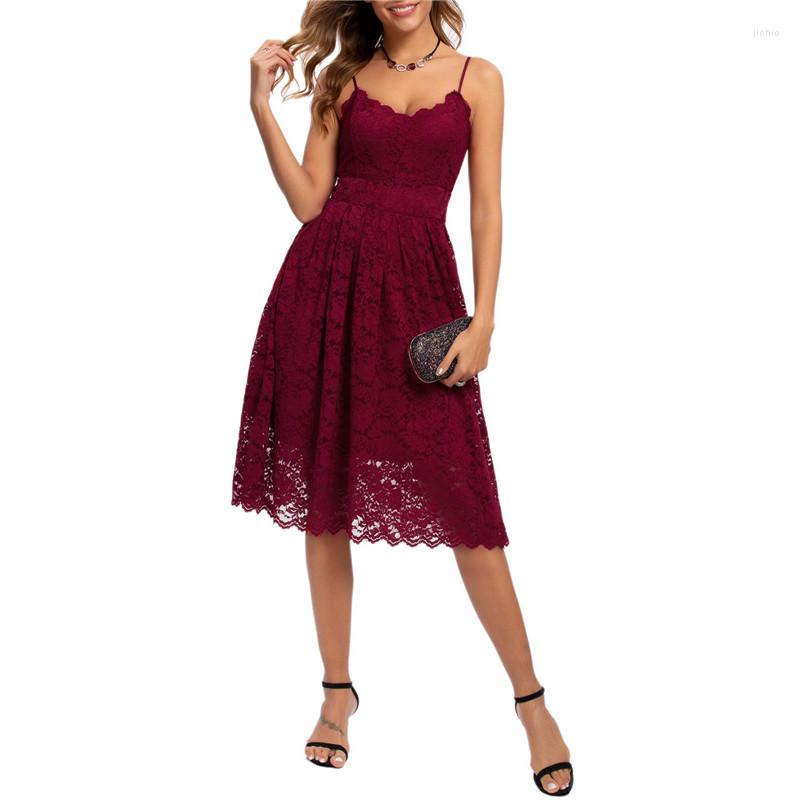 Casual Dresses Women Vintage Lace A-Line Dress Sling Sleeveless V-Neck Floral Mini Elegant Spaghetti Strap Cocktail Party Summer