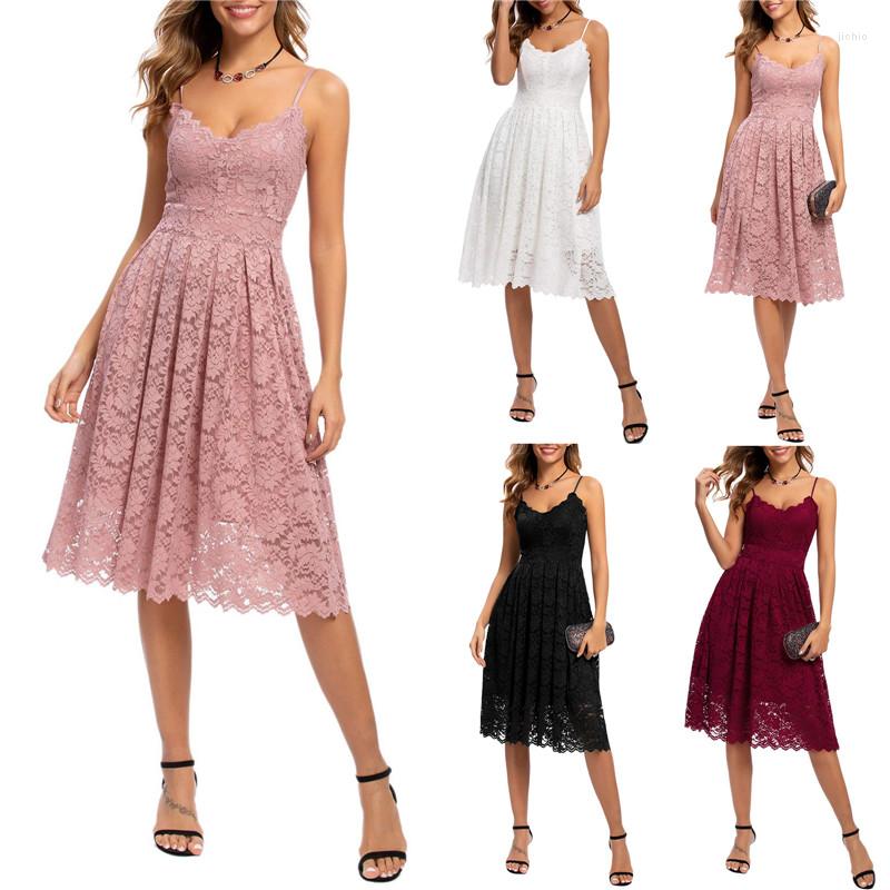 Casual Dresses Women Vintage Lace A-Line Dress Sling Sleeveless V-Neck Floral Mini Elegant Spaghetti Strap Cocktail Party Summer