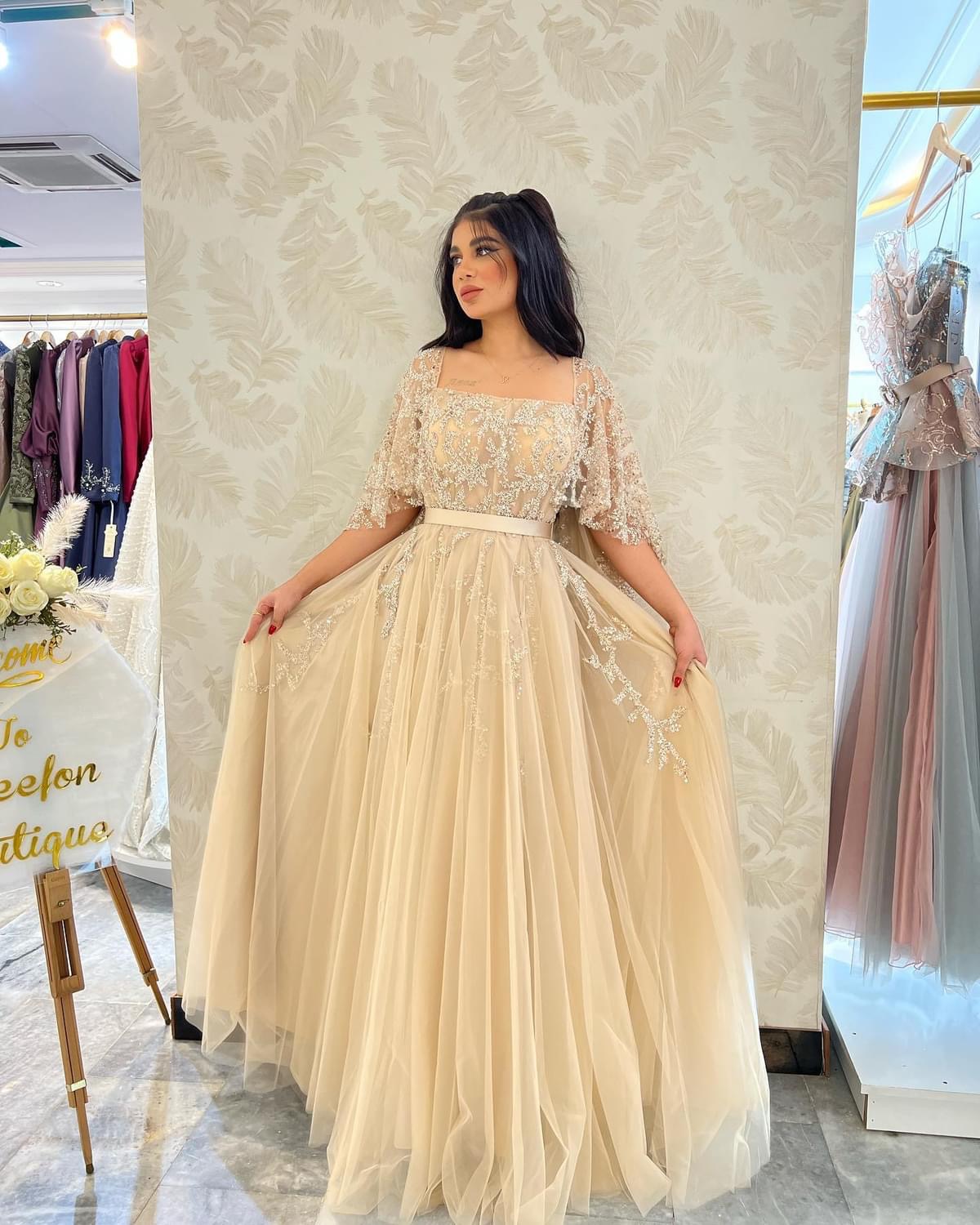 2024 Aso Ebi A-line Sequined Lace Prom Dress Square Tulle Evening Formal Party Second Reception Birthday Bridesmaid Engagement Gowns Dresses Robe De S