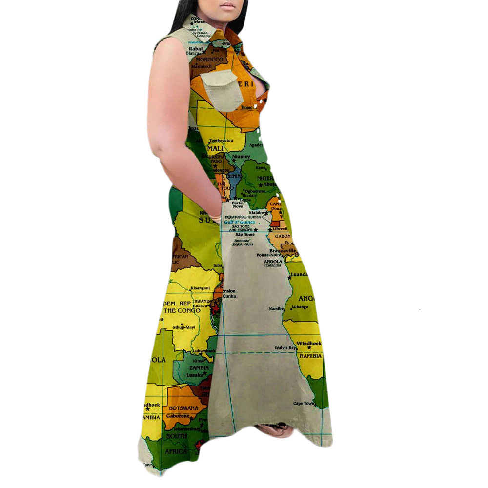 Plus size Dresses Fashion Summer Size Dress Casual Map Printing Sleeveless Lapel Shirt Maxi Long Dresse Wholesale Drop 230613