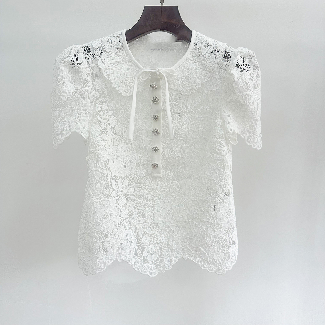 Casual Dresses New S/elf Portrait Lace Hook Flower Elegant Short Sleeve Shirt+Half Skirt Set
