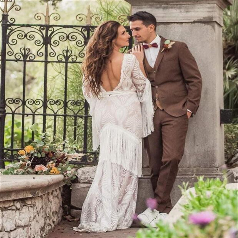 Hippie Crochet Lace Wedding Dress With Tassel Korean Fairy Long Sleeve Plus Size Bridal Gowns 2023 Backless Bohemian Beach Bride Vestidos De Novia Boh
