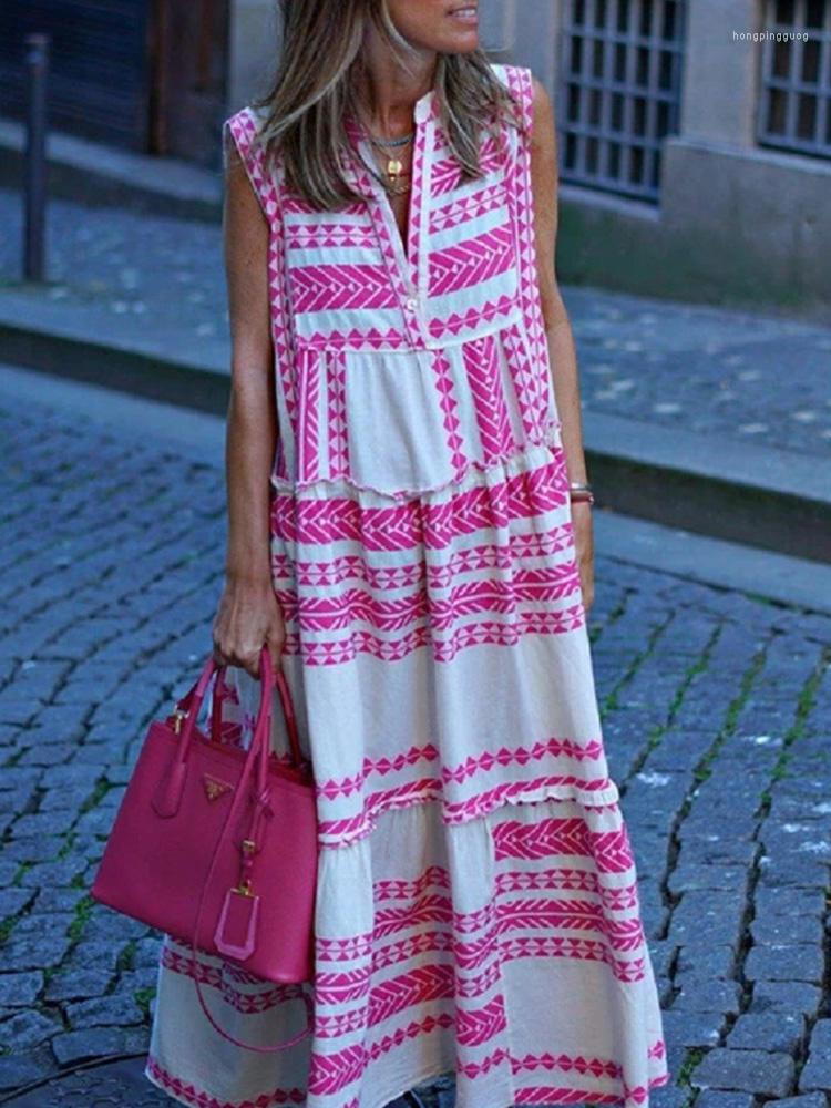 Bohemian Women's Summer Maxi Dress V-Neck Sleeveless Ankle Length Geometric Print Casual Beach Vacation Outfit Polyester Fuia