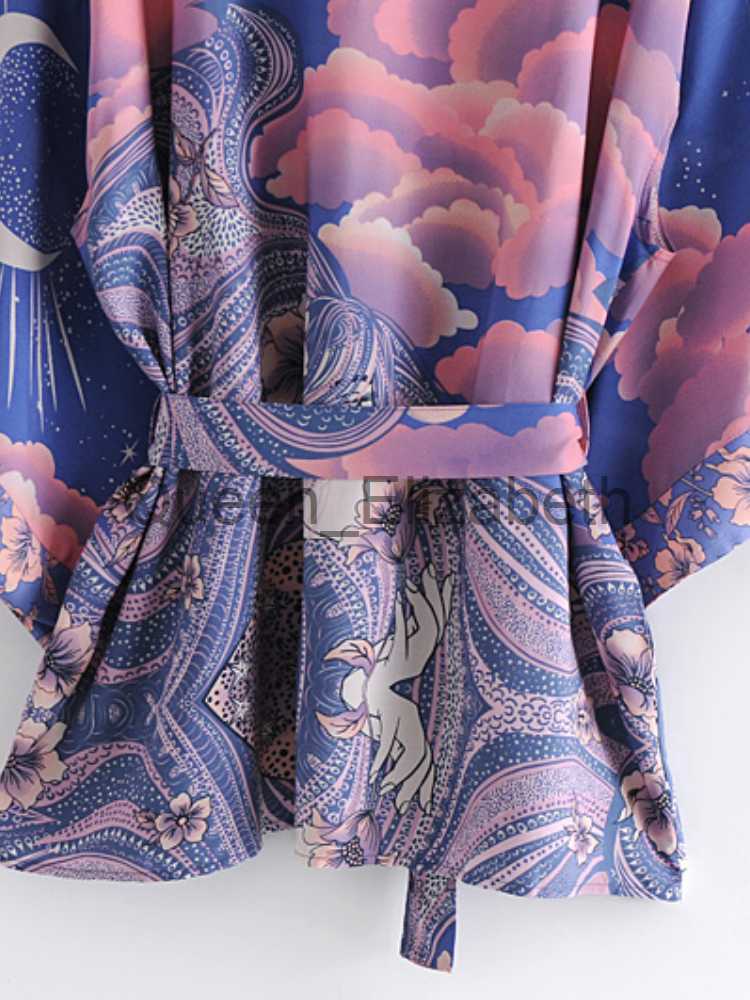 Casual Dresses Boho Vintage Star and Moon Floral Print Sashes Women Bohemian V Neck Batwing Sleeves Happie Short Robe Kimono Dress Cover-ups J230614