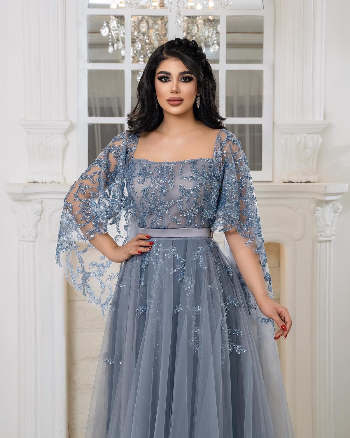 2024 Aso Ebi A-line Sequined Lace Prom Dress Square Tulle Evening Formal Party Second Reception Birthday Bridesmaid Engagement Gowns Dresses Robe De S
