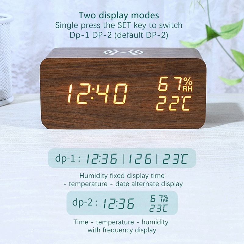 Floor Clocks Digital Alarm Clock Wooden Temperature And Humidity LED Electronic Smartphone Wireless Charger 230613