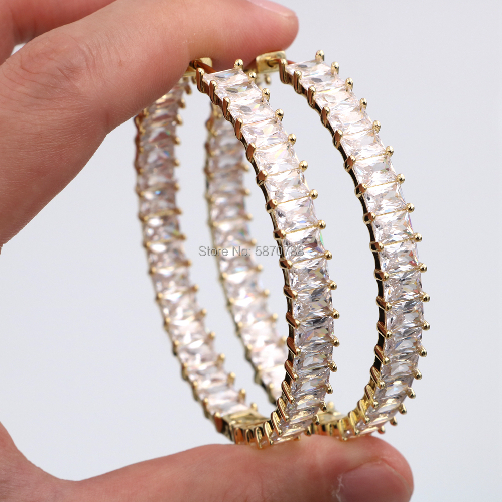Hoop Huggie 55mm Big Hoop-Earrings Gold Plated Baguette Zirconia Charm Hoop Earring For Women gift 230614