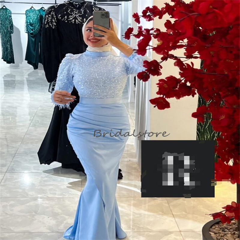 Beautiful Blue Muslim Prom Dress With Feather 2023 High Neck Sequin Mermaid Arabic Evening Dress Elegant Abaya Formal Party Gown robe de soiree Female