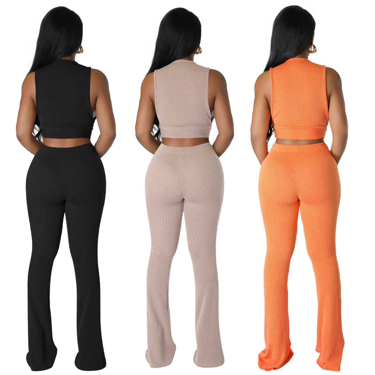 Tracksuit Women Fashion Clothing 2023 Casual Two Piece Set Solid Color Pit Striped Sleeveless Vest Tank Top Flared Pants 2pcs Sets
