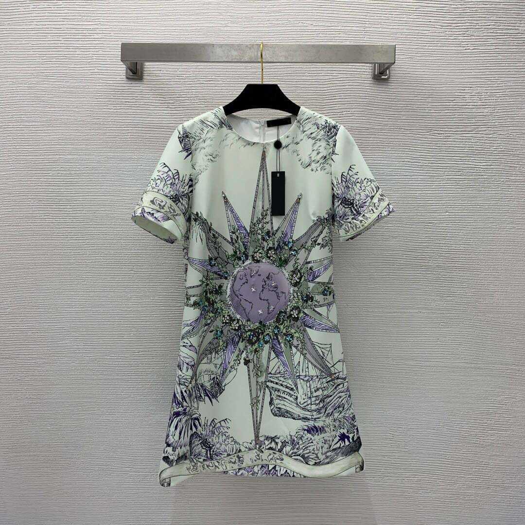 23ss summer dresses women dress women designer clothes Fashion Flower Print Front Heavy Work Studded Beads with Diamonds Short Sleeve Dress Women clothes