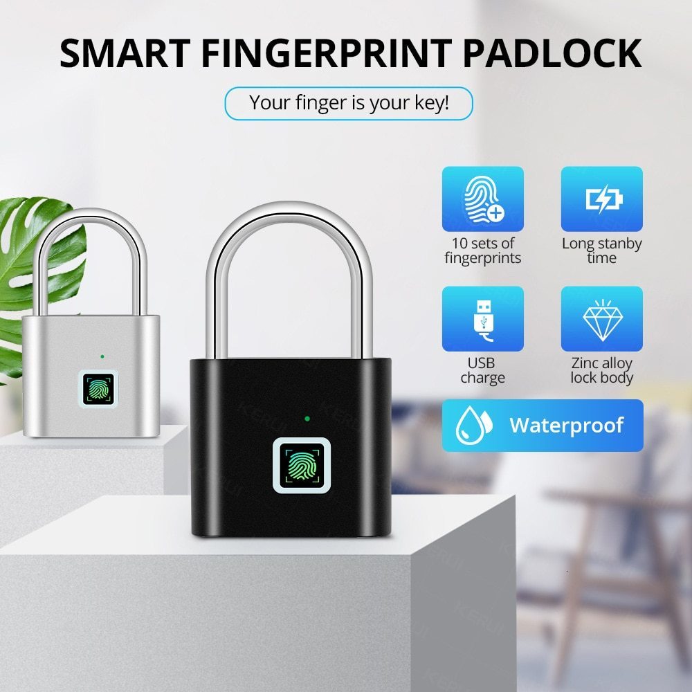 Door Locks KERUI Keyless USB Charging Fingerprint Lock Smart Padlock Waterproof Door Lock 0.2sec Unlock Portable Anti-theft Padlock Zinc 230614