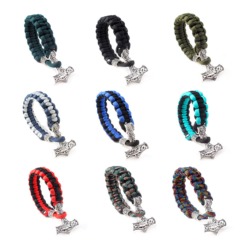 Antique Viking Style Hammer Charm Bracelet Braided Camouflage Paracord Bracelets for Gift