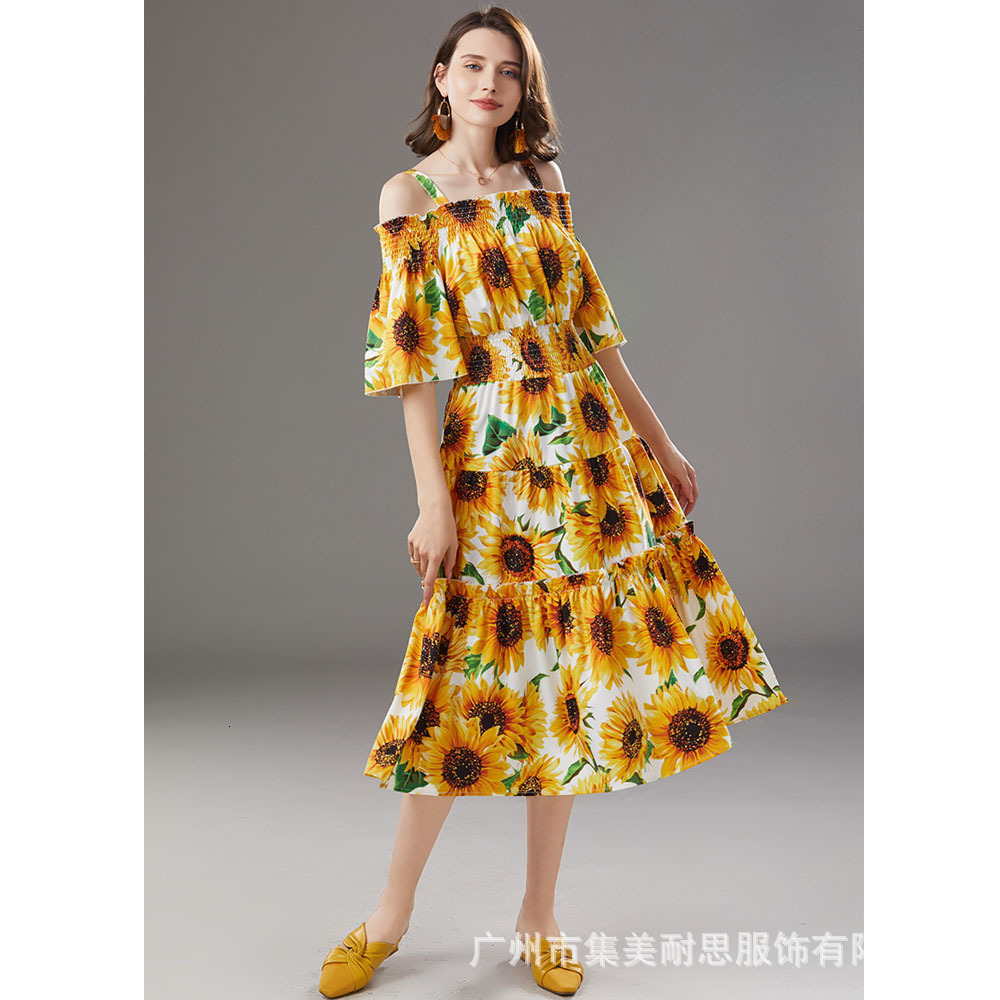 Basic Casual Dresses Summer New Style Off Shoulder Hanger Strap Off Shoulder Long Dress with Sunflower Print at Waist 210522