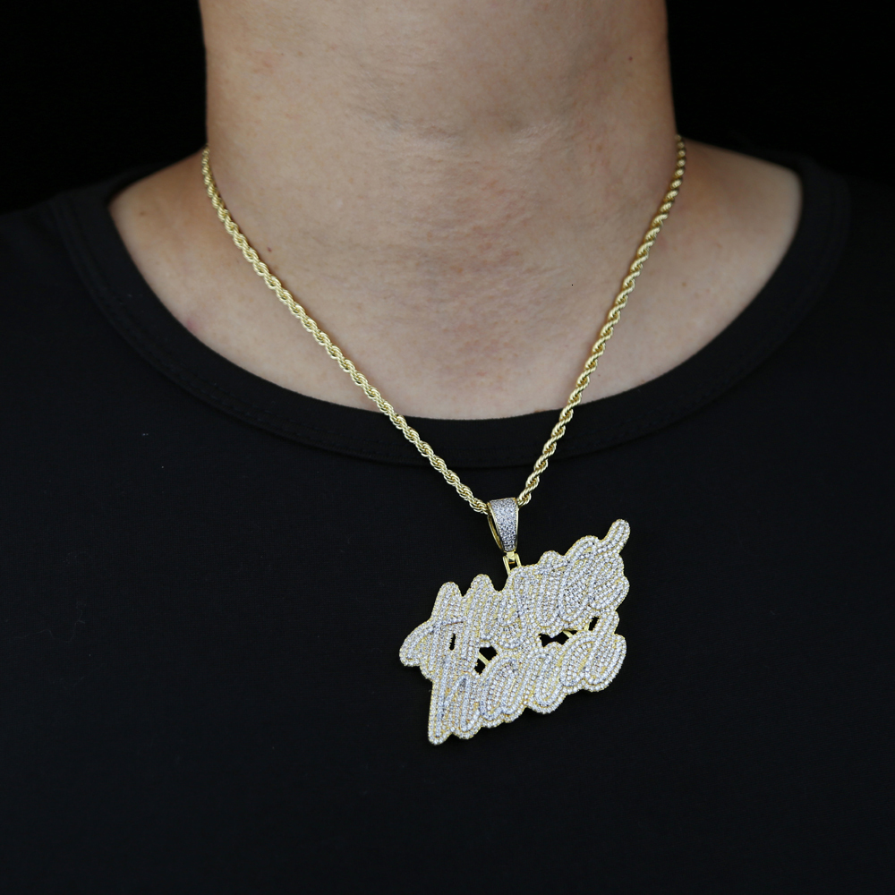Charms Iced Out Bling Cursive Letters Hustle Hard Pendant Necklace CZ Zircon Silver Color Letter Necklaces Men's Women Hip Hop Jewelry 230615