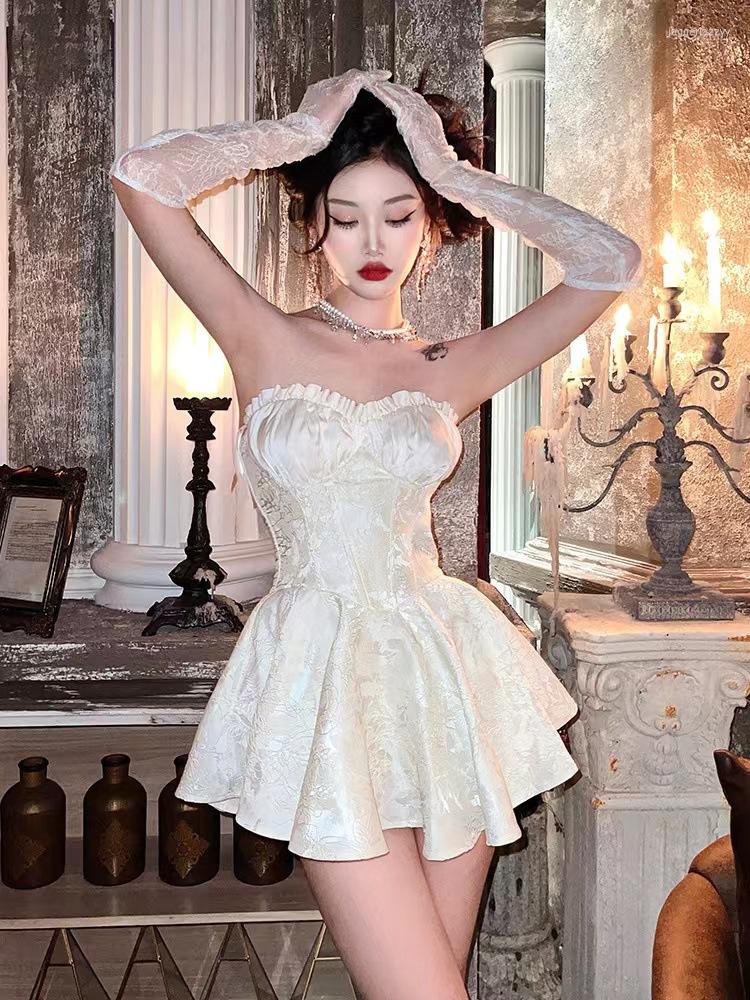 Designer Dresses Casual Dresses PAATHDE Summer Fashion Crystal Lace Hollow Jacquard Tube Top Sleeveless Backless High Waist Short Elegant Dress