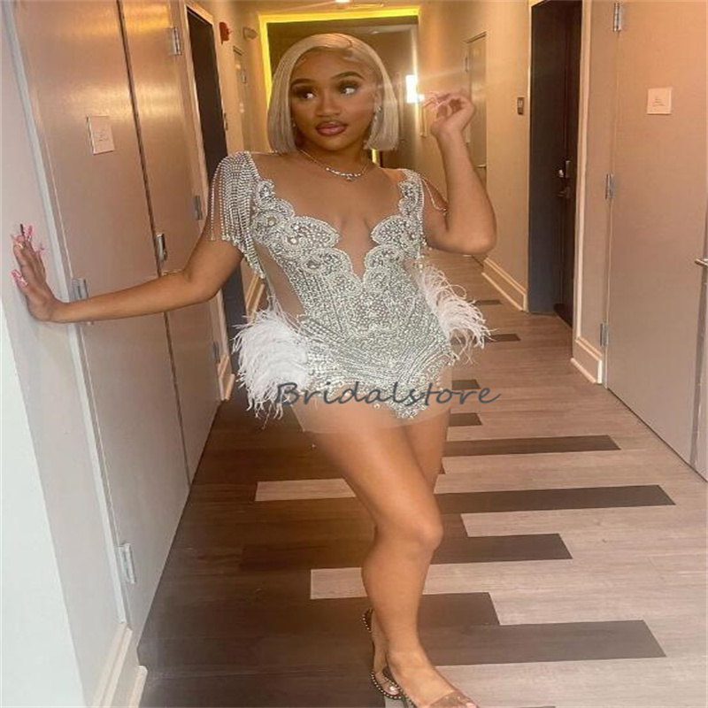Luxury Crystal Beaded Prom Dress 2023 Elegant Black Girls Feather Short Evening Dresses Stunning African Formal Cocktail Party New robe de soiree 2023