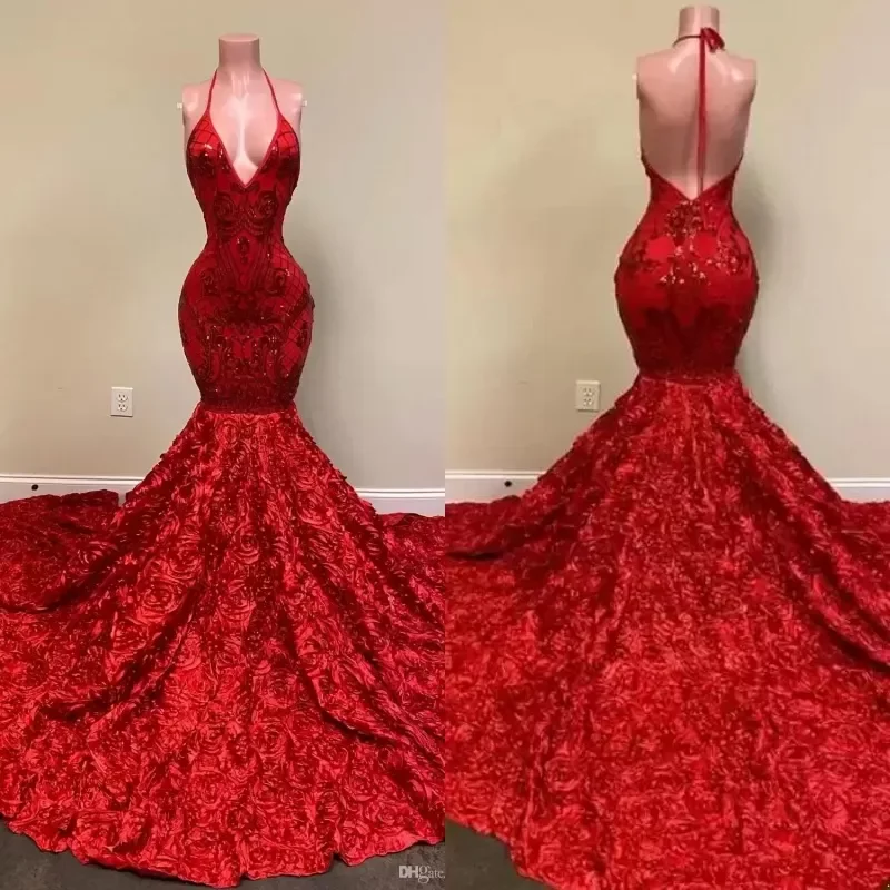 Sexy Backless Red Evening Dresses Halter Deep V Neck Lace Appliques Mermaid Prom Dress Rose Ruffles Special Ocn Party Gown Bc10882