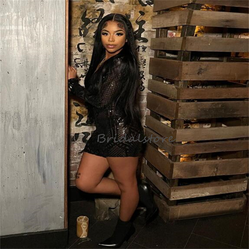 Sexy Black Sequin Short Prom Dress 2023 Sparkle Long Sleeve Black Girls Evening Gowns Chic Cocktail Graduation Party Dress New robe de soiree 2023 ves