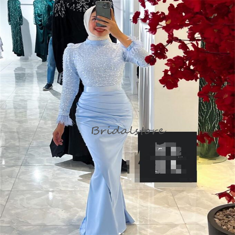 Beautiful Blue Muslim Prom Dress With Feather 2023 High Neck Sequin Mermaid Arabic Evening Dress Elegant Abaya Formal Party Gown robe de soiree Female