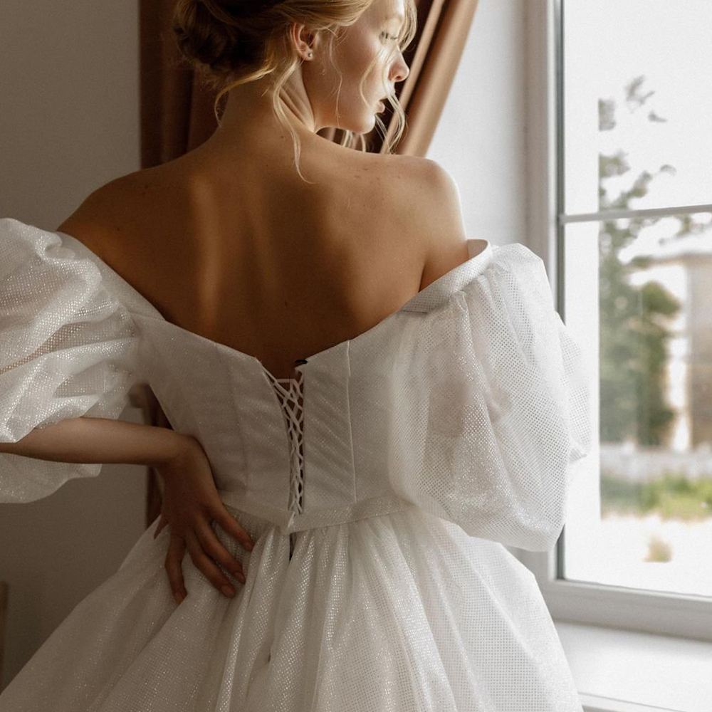 Sparking Short A Line Wedding Dresses Puffy Short Sleeve Mini Bridal Dress Ruched Puffy Skirt Lace Up Back Vestidos De Novia