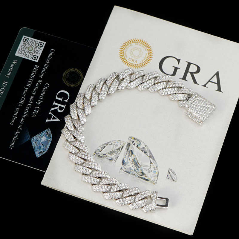 Designer bracelet with 2 rows of diasMens Moissanite Vvs Necklace Gold Plated Sier Jewelry Cuban Link Chain for Men