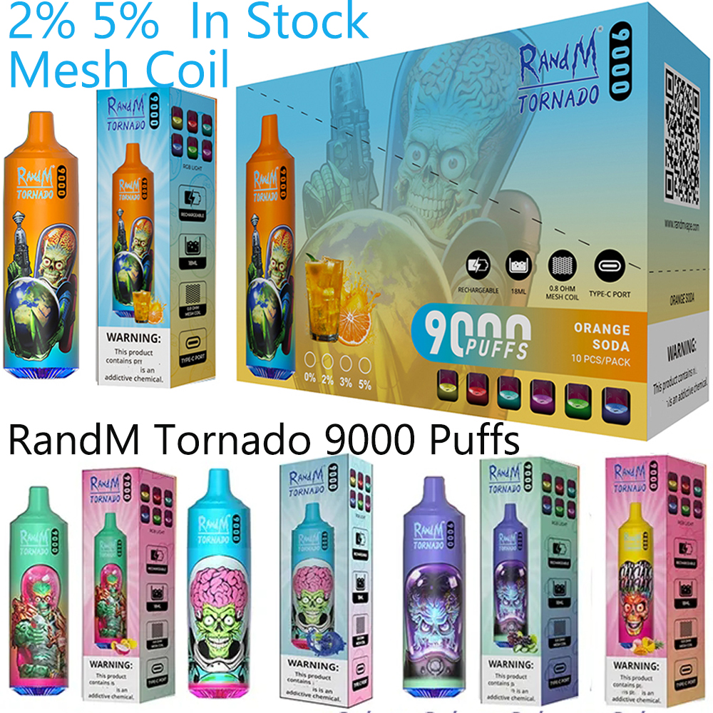 Authentic RandM Tornado Vape Disposable E-cigarettes 9000 Puffs 18ml Pod 850mah Rechargeable Battery Mesh Coil 0% 2% Puff 9000 3% 5% 43 Flavors Available Pen