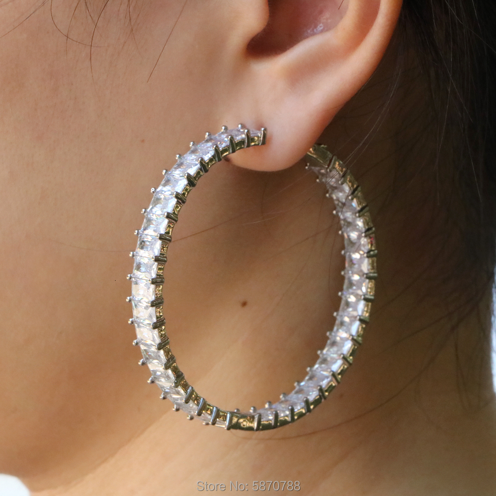 Hoop Huggie 55mm Big Hoop-Earrings Gold Plated Baguette Zirconia Charm Hoop Earring For Women gift 230614