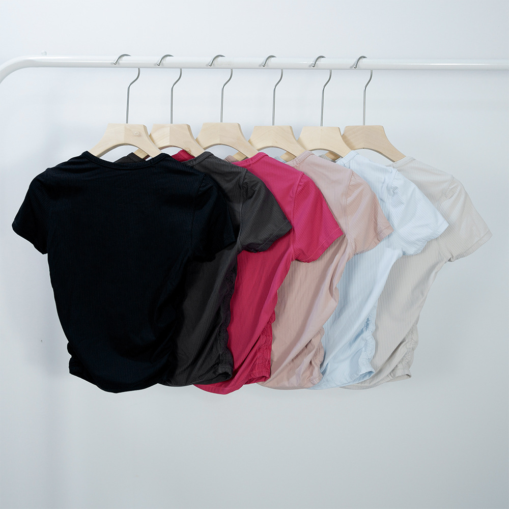 Womens Yoga T-shirt Summer Top Womens Ribber Round Collar Short Sleeve All it takes Elastic Breathable Sports Fitness Solid Color LLLM074