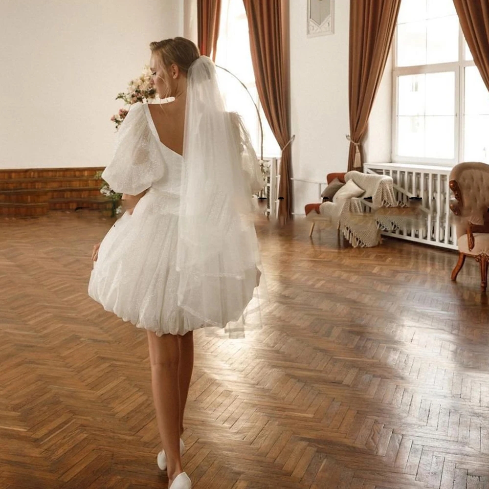 Sparking Short A Line Wedding Dresses Puffy Short Sleeve Mini Bridal Dress Ruched Puffy Skirt Lace Up Back Vestidos De Novia