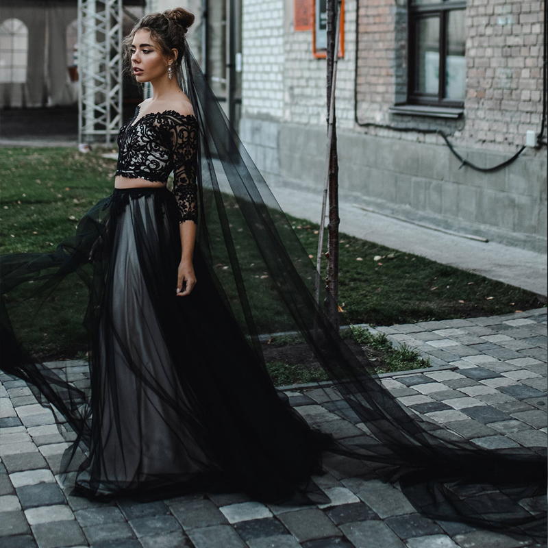 Vintage Black A Line Wedding Dresses 2 Pieces Gothic Bridal Gowns 3/4 Sleeve Sheer Neck Plus Size Vestido De Novia