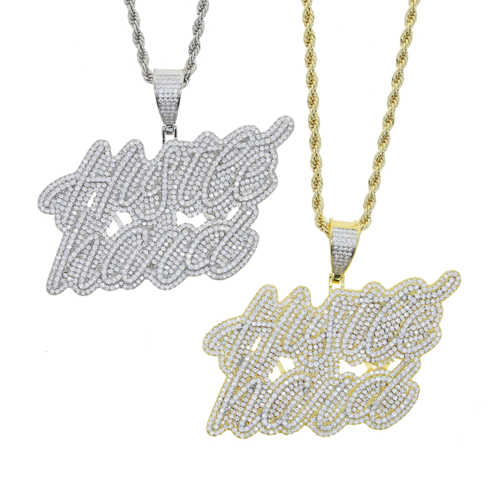 Charms Iced Out Bling Cursive Letters Hustle Hard Pendant Necklace CZ Zircon Silver Color Letter Necklaces Men's Women Hip Hop Jewelry 230615