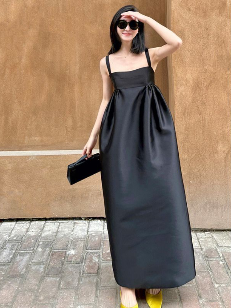 Basic Casual Dresses Maxi Black Dress for Women Sleeveless Solid Summer Backless Vintage Tender French Style Simple Slim Fit Classic Vestido Feminino 