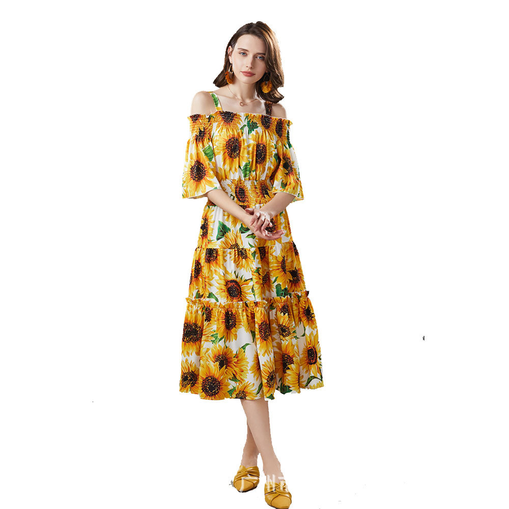 Basic Casual Dresses Summer New Style Off Shoulder Hanger Strap Off Shoulder Long Dress with Sunflower Print at Waist 210522