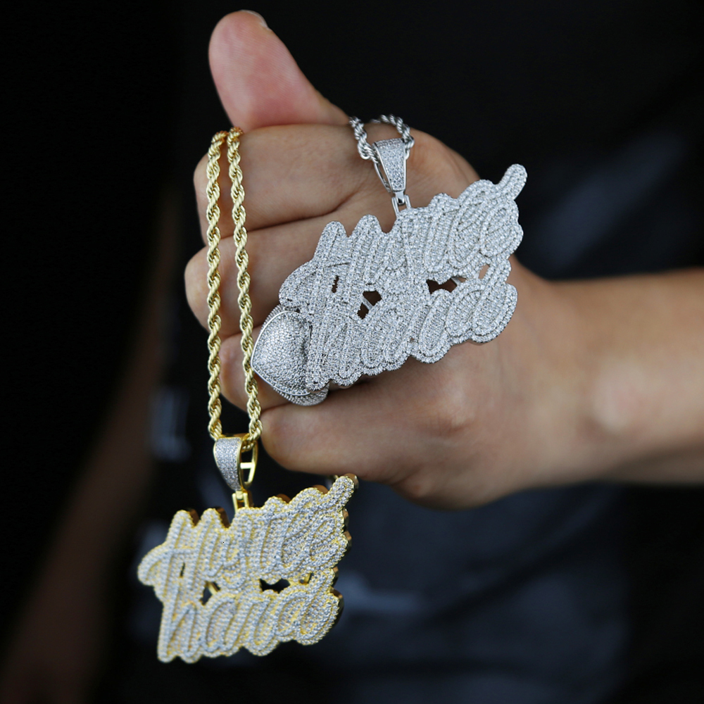 Charms Iced Out Bling Cursive Letters Hustle Hard Pendant Necklace CZ Zircon Silver Color Letter Necklaces Men's Women Hip Hop Jewelry 230615