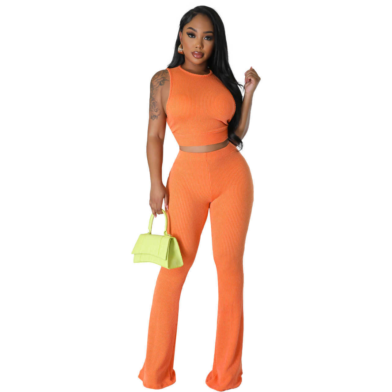 Tracksuit Women Fashion Clothing 2023 Casual Two Piece Set Solid Color Pit Striped Sleeveless Vest Tank Top Flared Pants 2pcs Sets