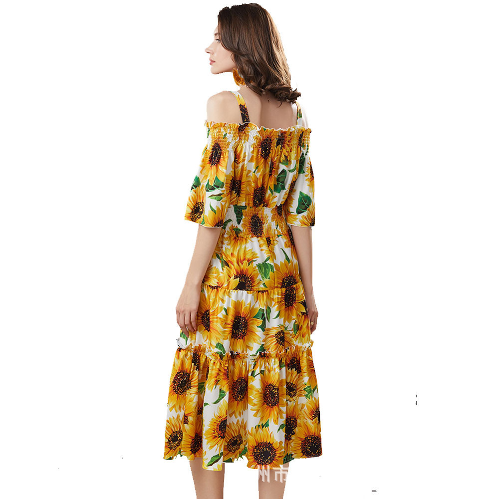 Basic Casual Dresses Summer New Style Off Shoulder Hanger Strap Off Shoulder Long Dress with Sunflower Print at Waist 210522