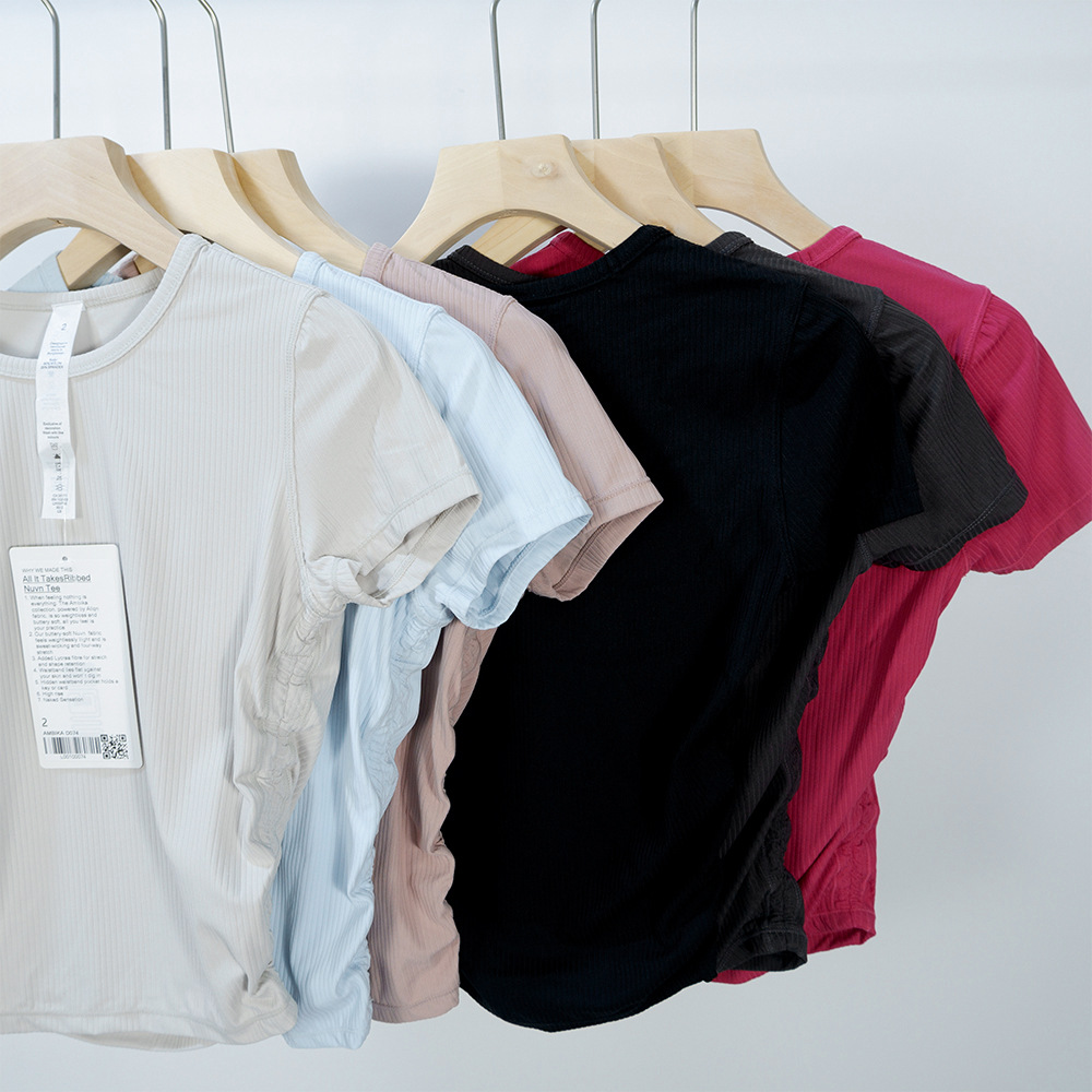 Womens Yoga T-shirt Summer Top Womens Ribber Round Collar Short Sleeve All it takes Elastic Breathable Sports Fitness Solid Color LLLM074