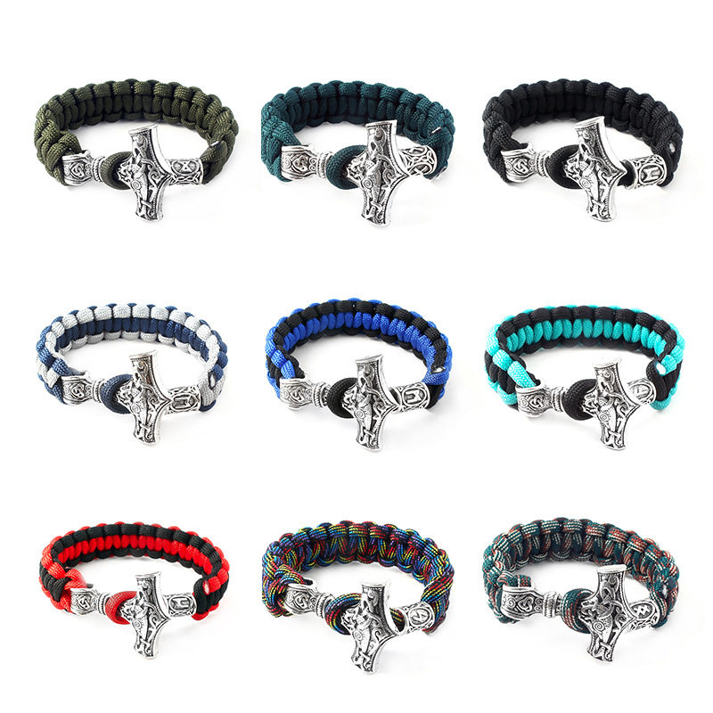 Antique Viking Style Hammer Charm Bracelet Braided Camouflage Paracord Bracelets for Gift