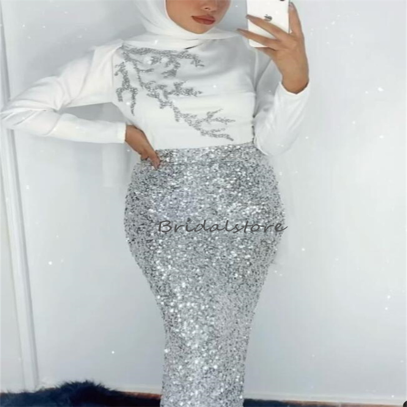 Bling Sequin Arabic Prom Dress 2023 Contrast Mermaid High Neck Muslim Evening Skirt Long Sleeve Abaya Turkish Formal Party Dress For Special Occasions