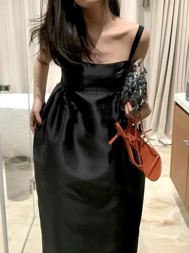 Basic Casual Dresses Maxi Black Dress for Women Sleeveless Solid Summer Backless Vintage Tender French Style Simple Slim Fit Classic Vestido Feminino 