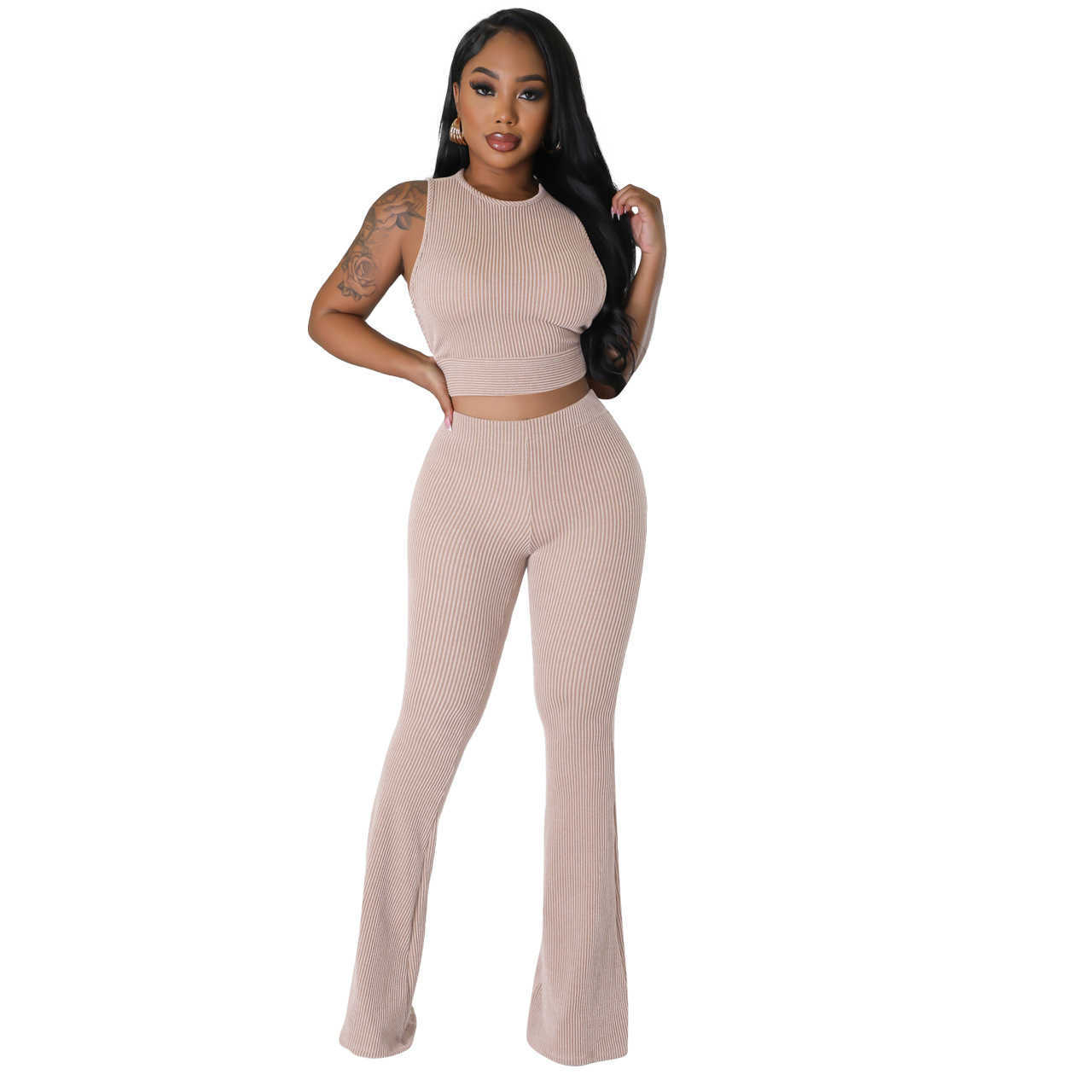 Tracksuit Women Fashion Clothing 2023 Casual Two Piece Set Solid Color Pit Striped Sleeveless Vest Tank Top Flared Pants 2pcs Sets