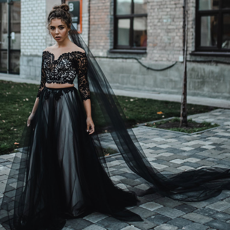 Vintage Black A Line Wedding Dresses 2 Pieces Gothic Bridal Gowns 3/4 Sleeve Sheer Neck Plus Size Vestido De Novia